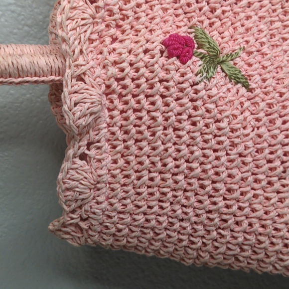 Vintage Charter Club Pink Straw Bag Purse Flower Buds Preppy Cottagecore - Picture 3 of 11